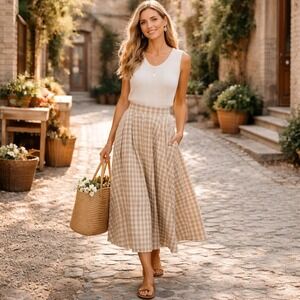 Shop Stevie Beige Gingham Midi Skirt With Pockets Cottagecore European Summer M